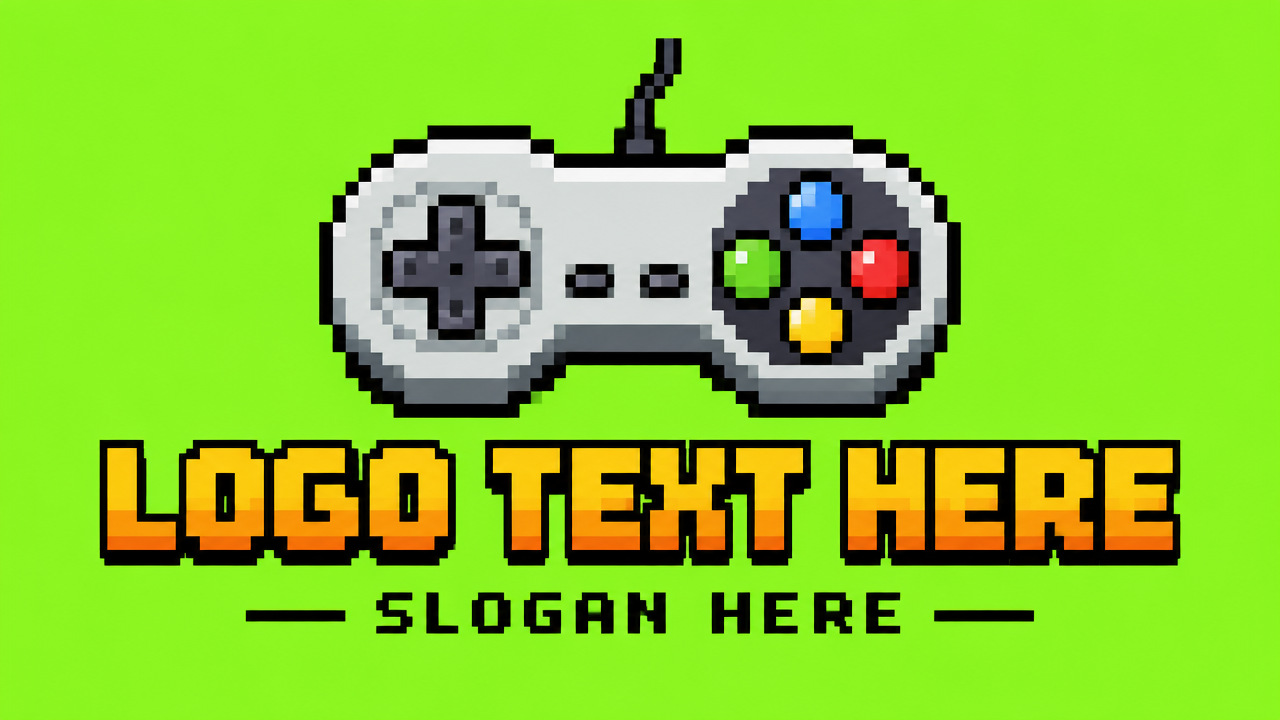 Retro 8-bit pixel art game logo design template on vibrant green background