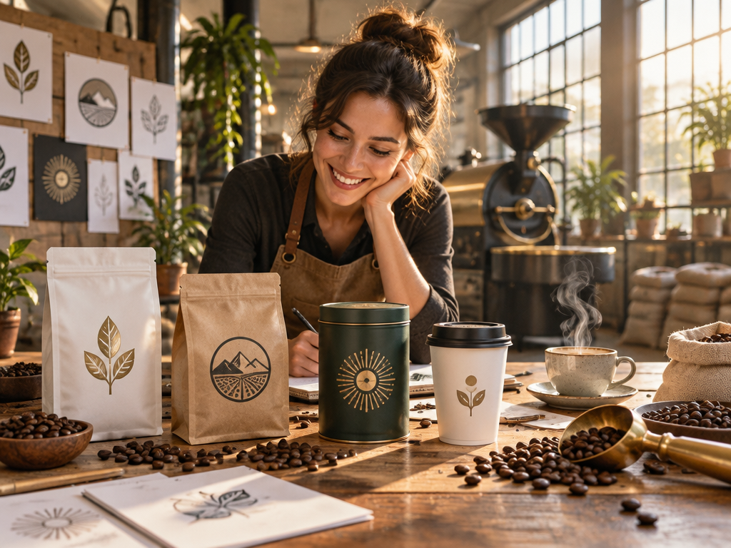 Artisan coffee roaster inspired by creative cafe logo designs on diverse coffee packaging mockups