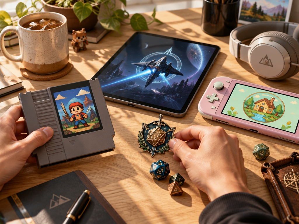 Game creator curating diverse tailored game logo designs for multiple gaming genres on sunlit desk