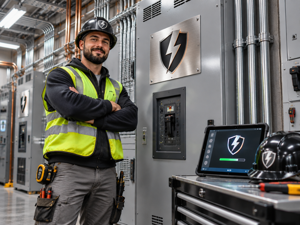 Electrical contractor admiring custom engraved logo plate on main commercial breaker panel in switchgear room