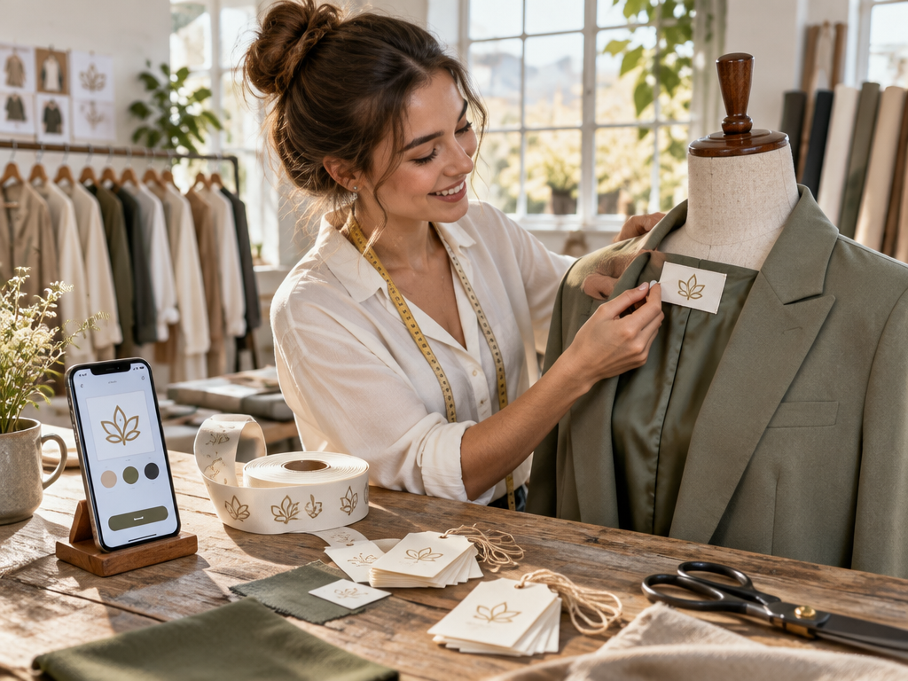 Apparel founder inspecting professional custom woven garment label created without design expertise