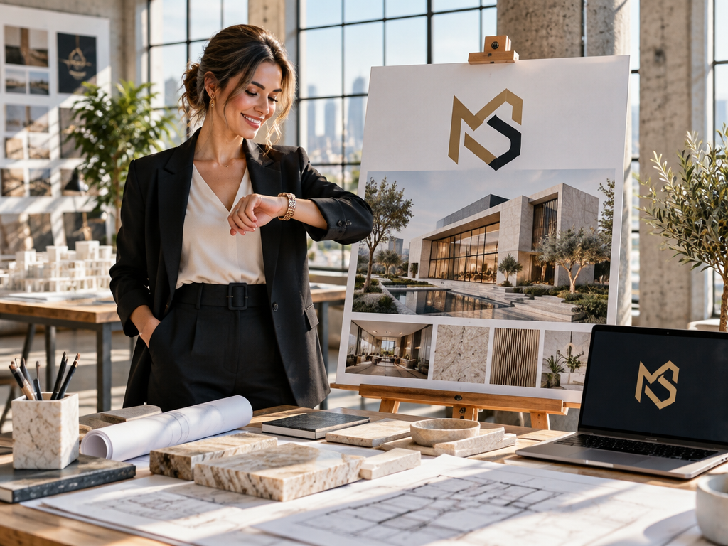 Architect beside client presentation board featuring geometric MS monogram logo in sunlit studio