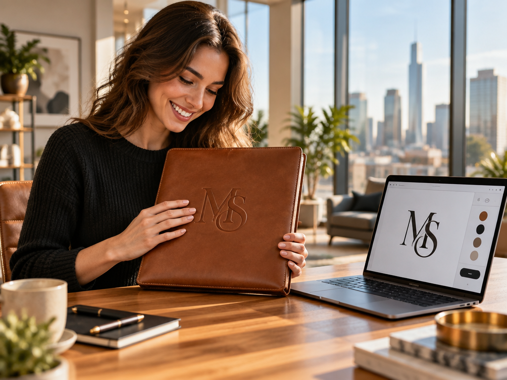 Professional admiring custom blind-embossed MS monogram logo on luxury leather portfolio in modern office