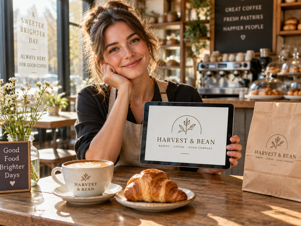 Smiling cafe owner in apron viewing finished eatery logo design on tablet in sunlit coffee shop