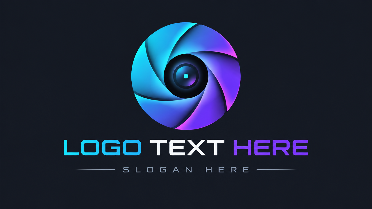 Clean 2D graphic logo design template card for an artificial intelligence and computer vision software startup, centered dynamic camera shutter iris aperture vortex emblem with smooth rotating blades, in glowing cyan and violet gradients, featuring bold text "LOGO TEXT HERE" in sleek contemporary tech typography, with subtitle text "SLOGAN HERE" underneath, flat solid dark charcoal slate background, modern vector software template --ar 16:9