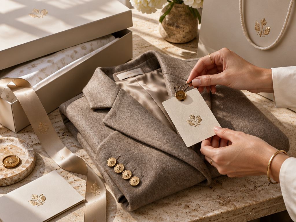 Complete luxury fashion line brand identity suite featuring custom hangtag, packaging, and tailored garment on marble table