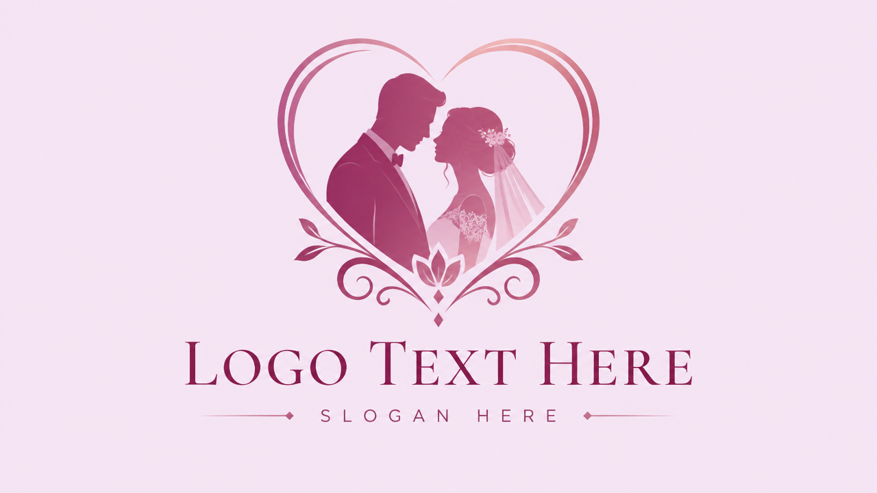 Romantic couple silhouette heart wedding logo design template on lavender background