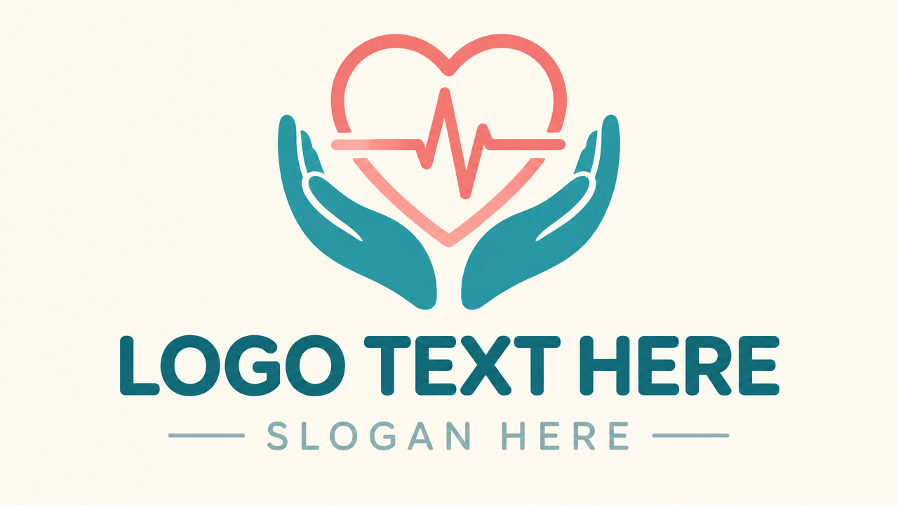 Family clinic caring hands and heartbeat logo design template on cream background