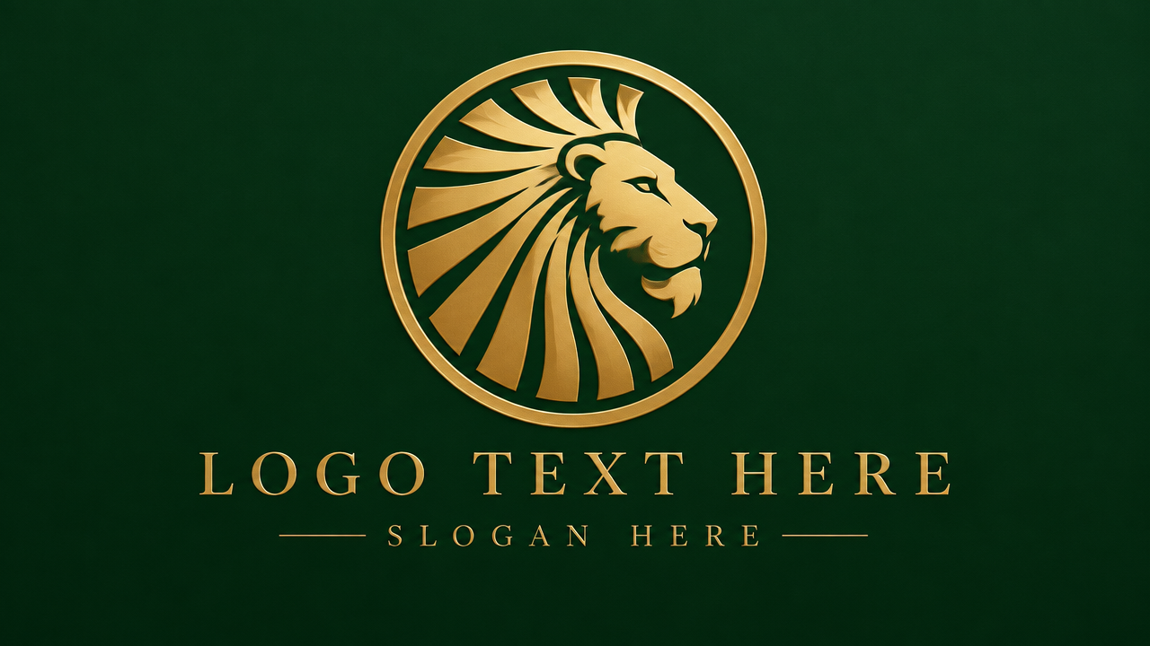 Minimalist circular gold lion profile medallion logo template on green background