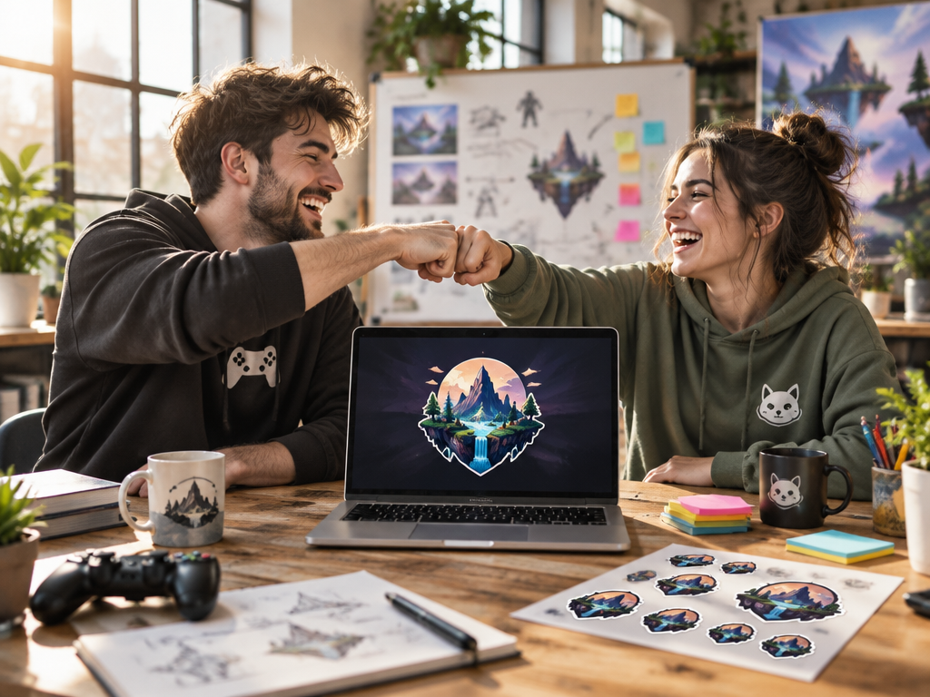 Happy indie game developers celebrating saving time and money on game logo design in sunlit studio