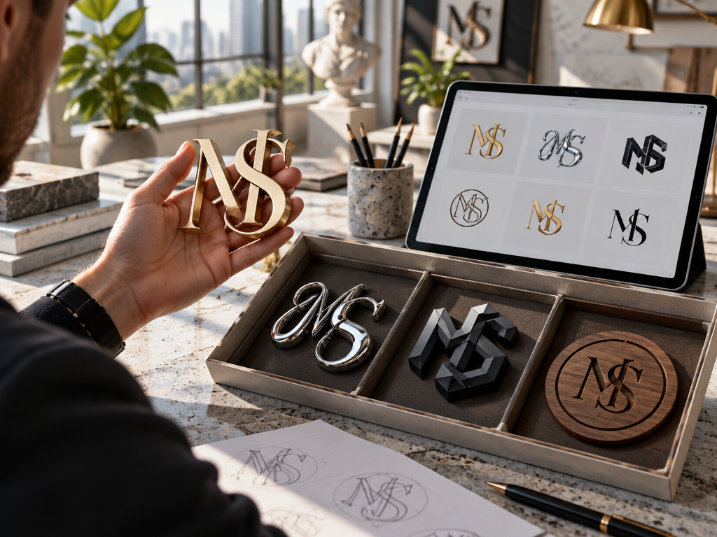 High-end commercial lifestyle photography capturing endless creative monogram design options. Inside a sunlit, modern branding atelier with concrete and terrazzo workbenches, an inspired creative director holds a sculpted, brushed champagne-gold 3D "MS" monogram emblem in the palm of a hand, admiring its craftsmanship in the natural morning daylight. On the workbench rests an open luxury divided presentation sample tray displaying multiple distinct, custom-designed physical "MS" monogram emblems in contrasting creative styles: a sleek liquid-chrome fluid ribbon MS, an angular geometric isometric MS cut from matte-black anodized aluminum, and a minimalist laser-etched walnut wood MS monoline crest. Beside the tray, a slim digital tablet displays the live creative customization interface showing diverse generative design variations. Crisp natural studio lighting, rich tactile reflections of gold, chrome, matte metal, and wood, clean visual storytelling with no readable text, words, or slogans on canvas, photorealistic, 8k resolution, visually communicating "endless creativity and custom MS logo design options" --ar 4:3