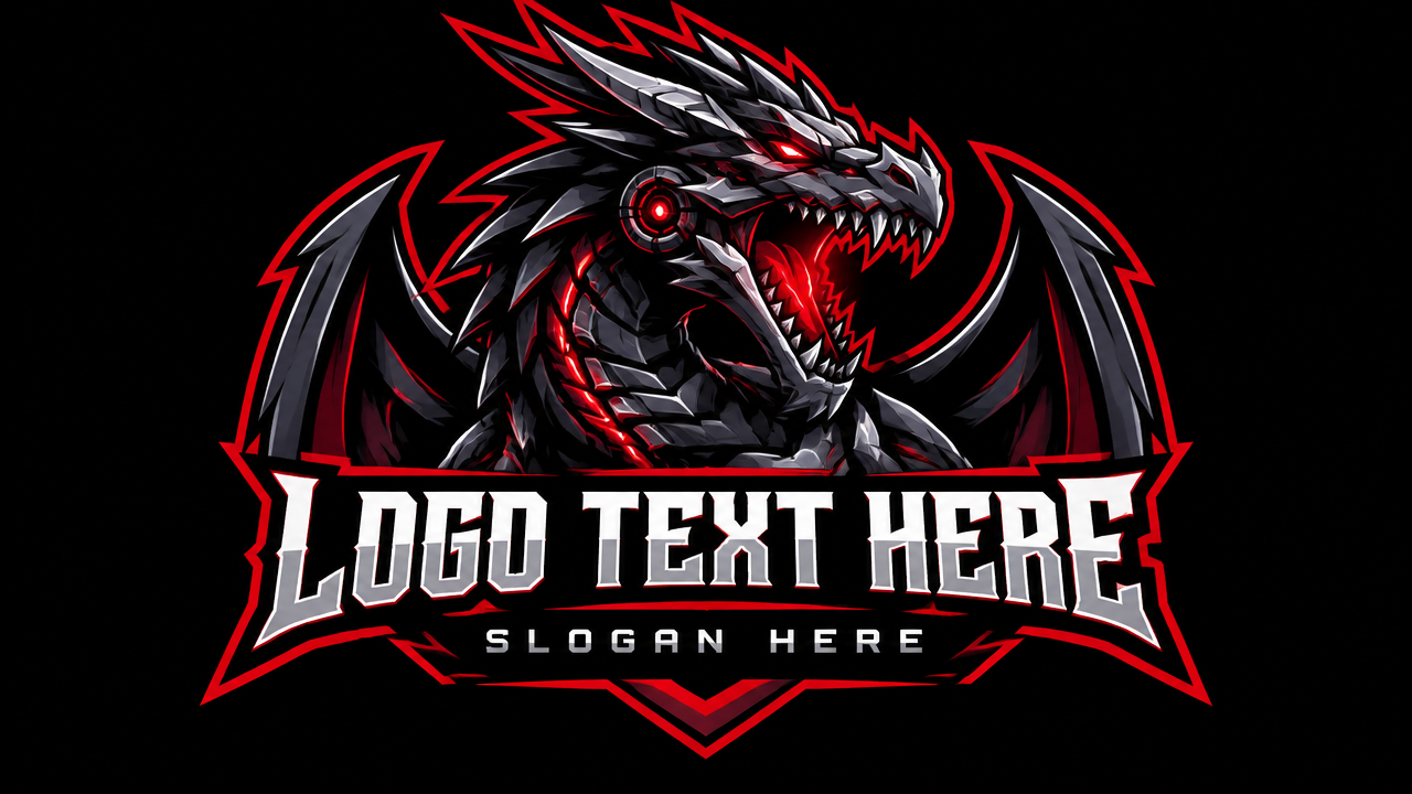 Fierce esports dragon mascot gaming logo design template on black background