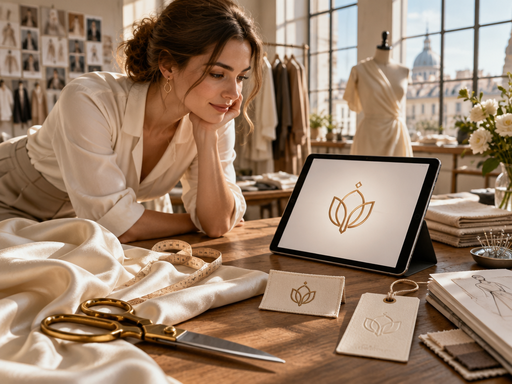 Fashion designer creating a unique clothing brand logo instantly on tablet in sunlit atelier