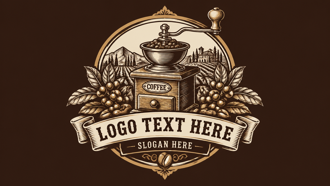Vintage manual coffee grinder roastery logo design template card