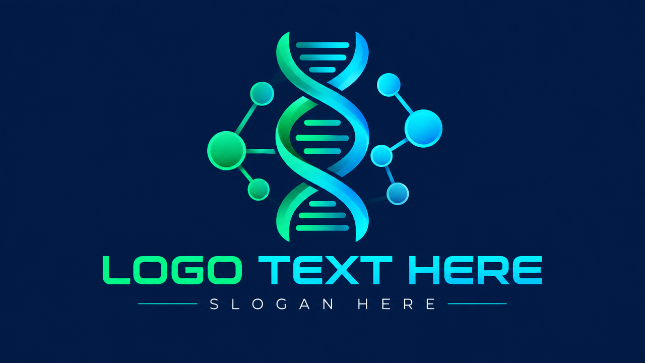 Biotech company DNA helix molecular logo design template on dark navy background