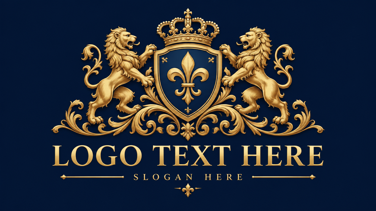 Royal heraldic lions and crown crest logo design template on navy background