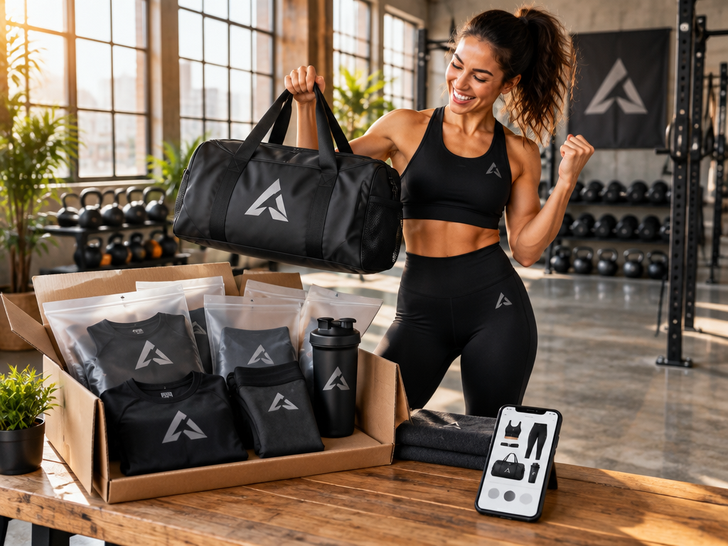 Fitness entrepreneur unboxing complete branded sportswear apparel and packaging suite in sunlit gym loft