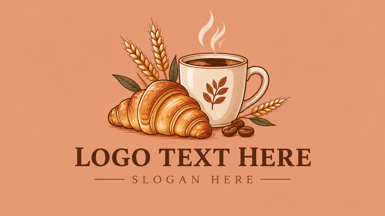 Artisan bakery and cafe logo design template with coffee and croissant