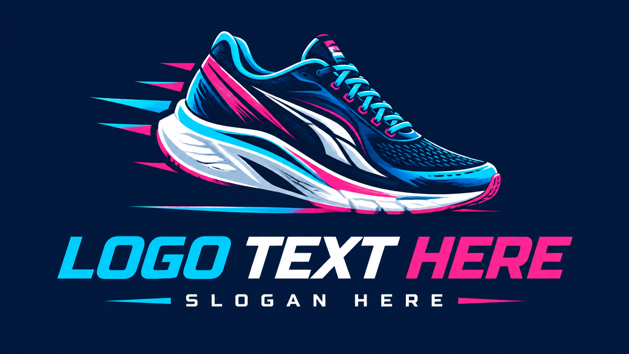 Dynamic running sneaker shoe sportswear logo design template on navy background