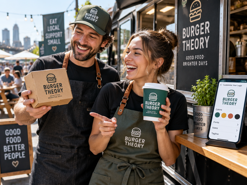Two cheerful food truck co-owners comparing unique customized eatery logo designs on real packaging