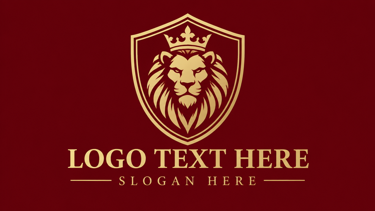 Noble medieval shield lion crest logo design template on burgundy background