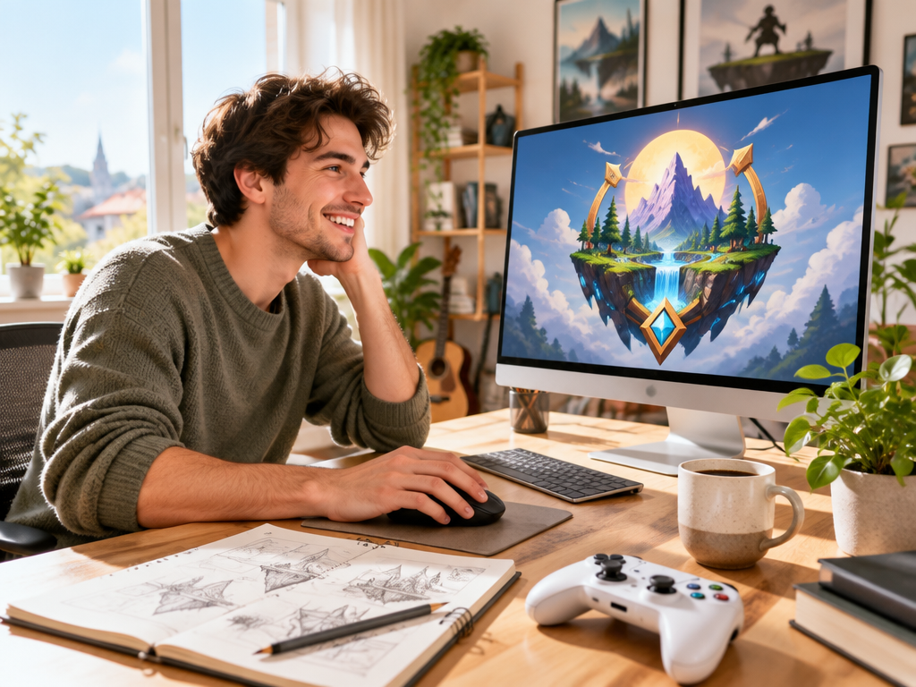 Indie game developer at sunlit desk smiling at freshly designed game logo on monitor