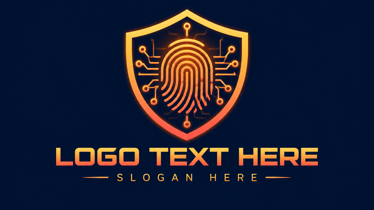 Cybersecurity software biometric fingerprint shield logo design template on dark navy