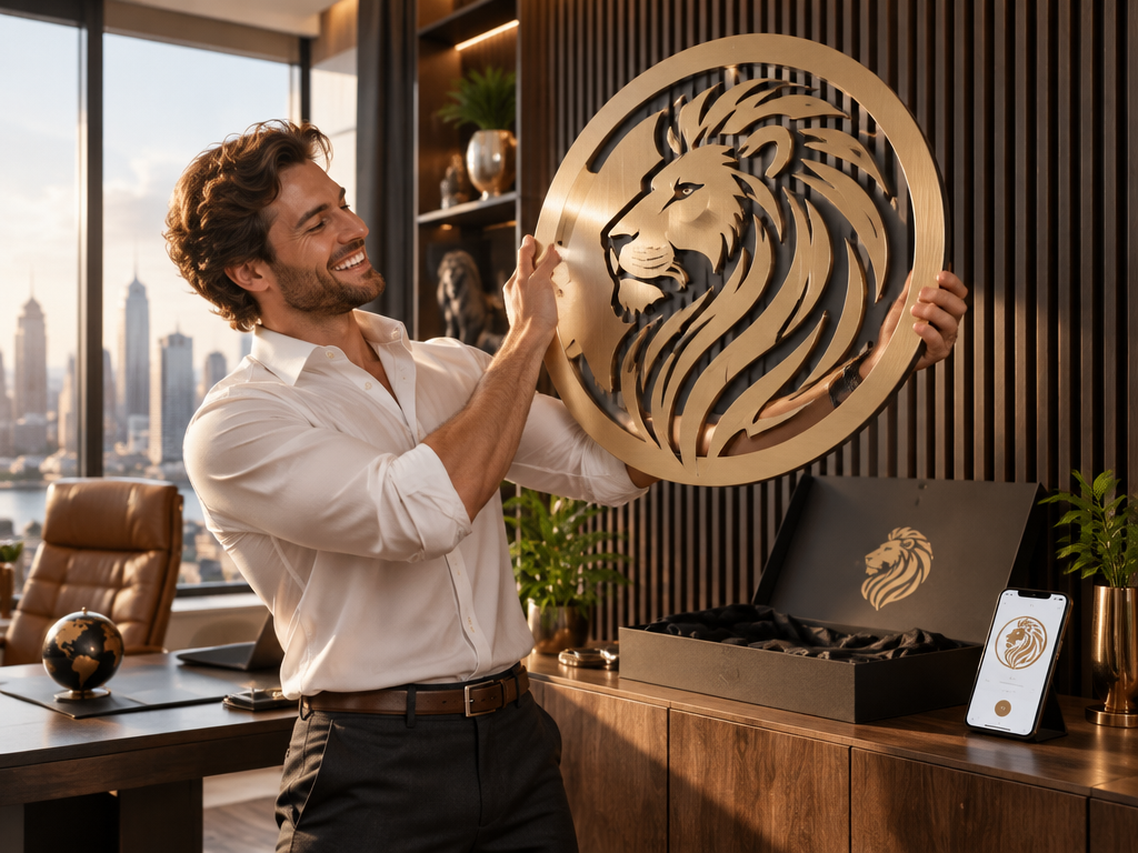 Proud business founder holding luxury brushed gold lion logo metal crest in modern office