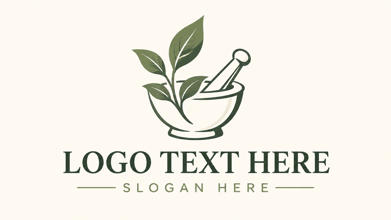 Modern pharmacy mortar and pestle botanical logo design template on off-white