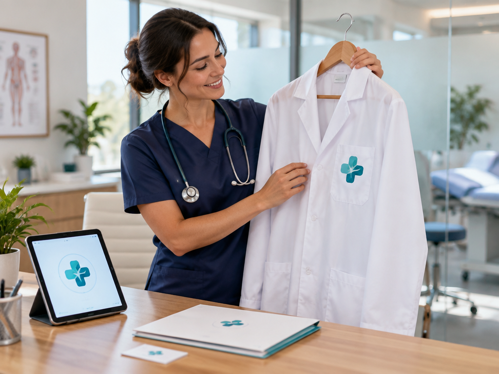 Doctor in modern clinic proudly holding crisp white lab coat with custom embroidered medical logo