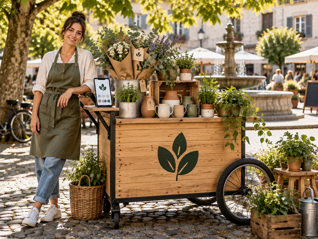 Indie entrepreneur launching mobile pop-up venture with new logo on wooden cart in sunlit square