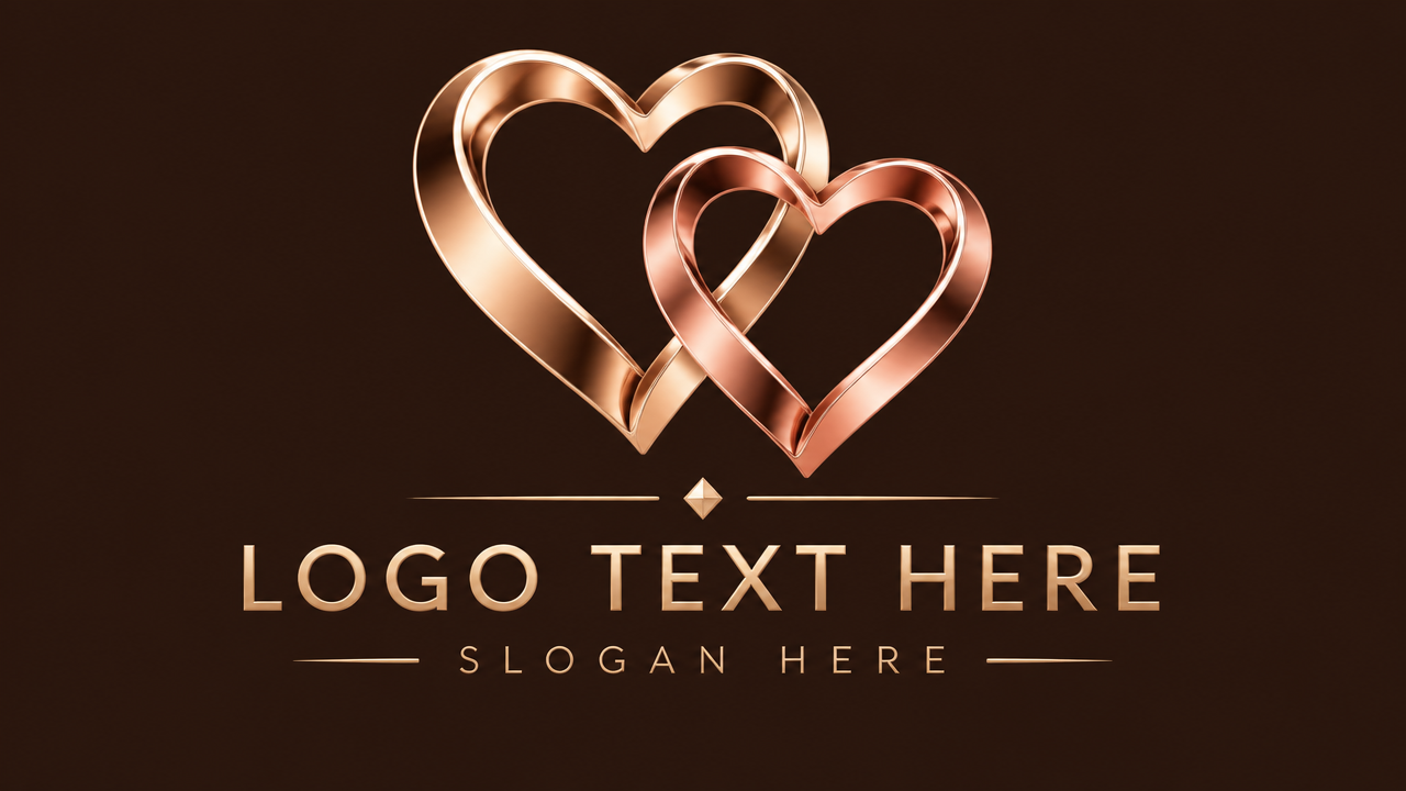 Interlocking rose gold metallic ribbon heart jewelry logo template on dark background