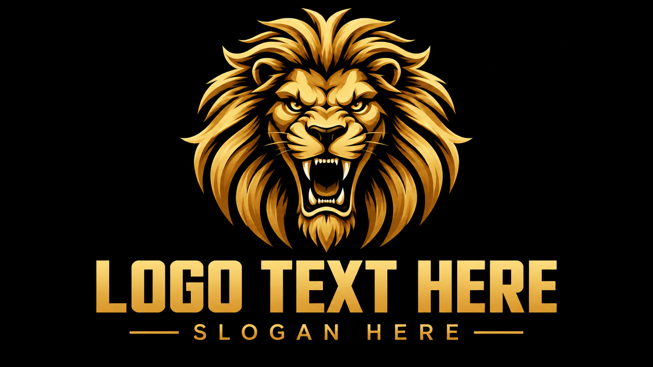 Fierce roaring lion head sports logo design template on black background