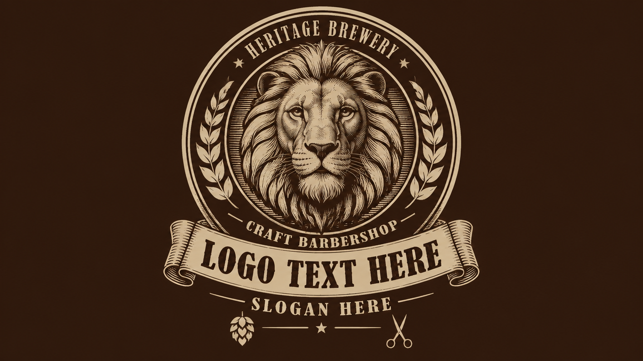  Vintage woodcut lion head circular seal logo design template on brown background