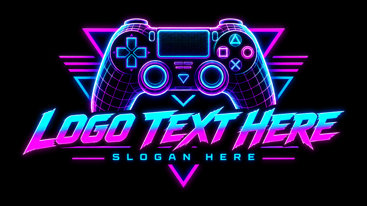 Cyberpunk neon synthwave gaming controller logo template on dark background