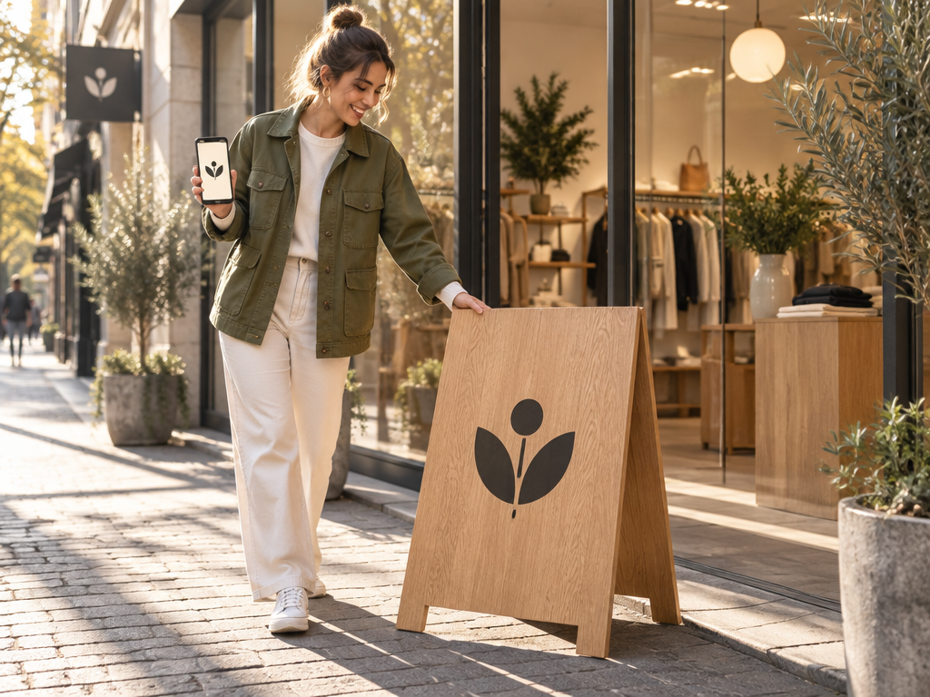 Entrepreneur setting up wooden A-frame sidewalk sign with new logo outside modern boutique
