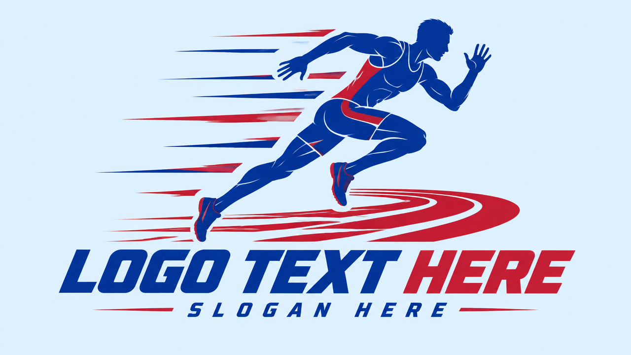 Dynamic sprinter runner athletics sportswear logo design template on ice blue