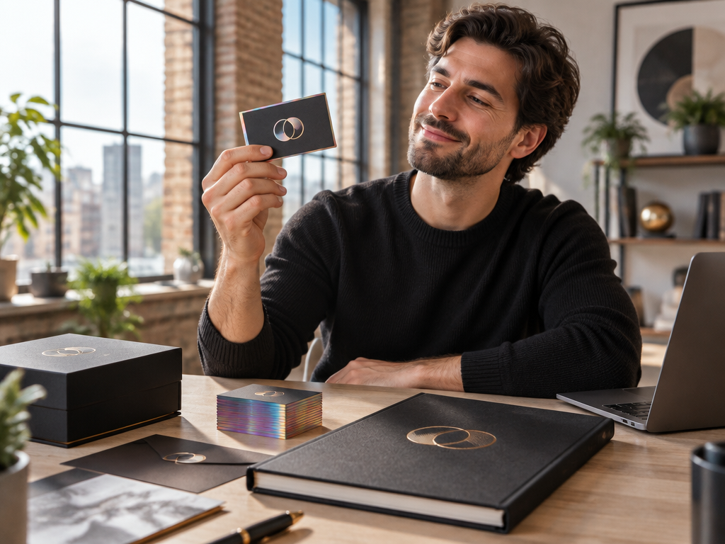Smart startup founder holding luxury creative business card proving agency-quality branding without high agency fees