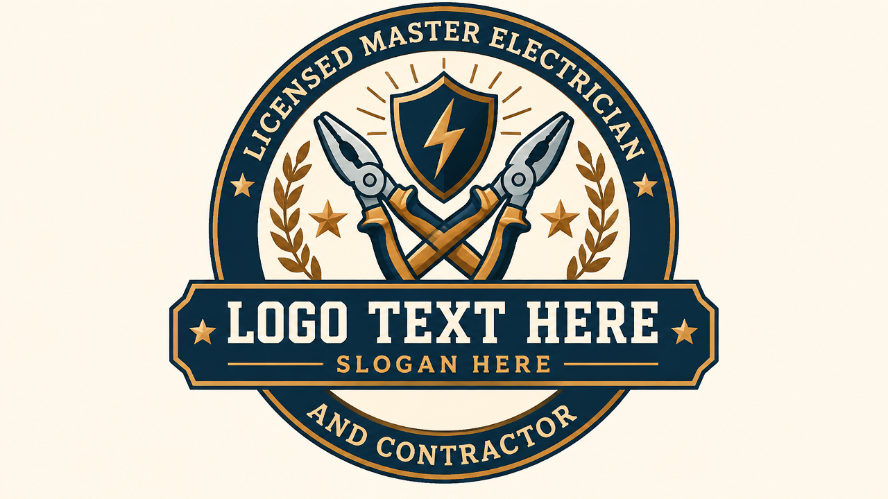 Master electrician contractor service badge logo design template on cream background