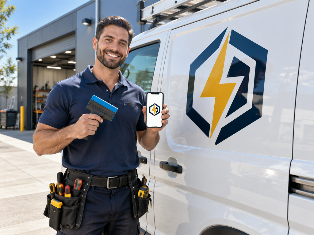 Electrician admiring custom industrial electrical logo vinyl decal applied to commercial service van door