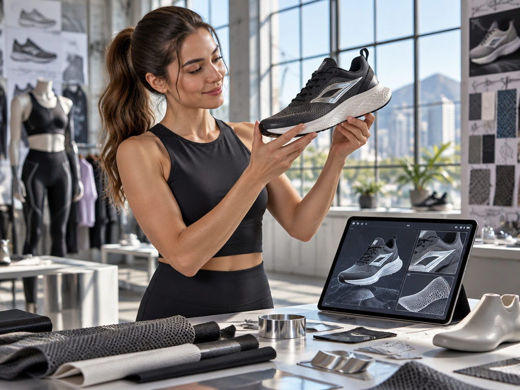 Sportswear designer inspecting 3D reflective athletic logo seamlessly bonded to technical running shoe prototype in lab