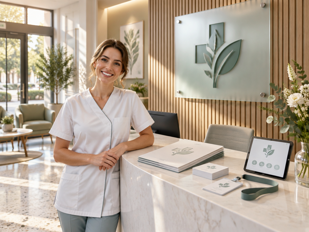 Modern medical clinic reception featuring frosted glass logo sign and patient folders mockup