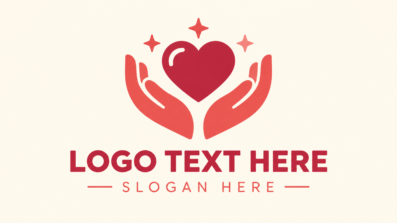 Caring hands embracing heart charity logo design template on cream background
