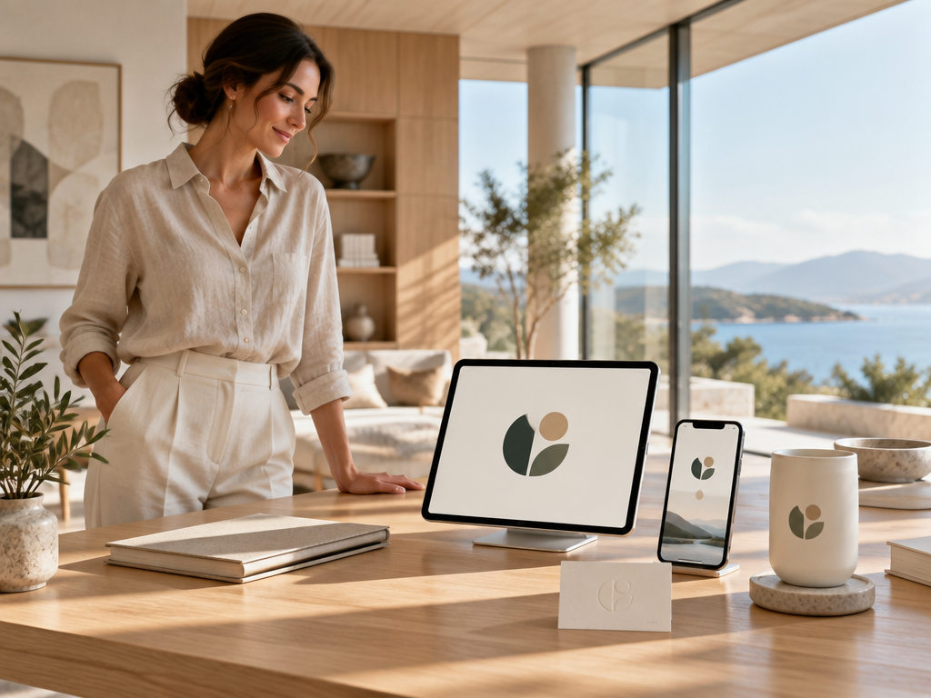 Entrepreneur admiring simplified cohesive brand identity ecosystem created by AI logo maker in minimalist studio