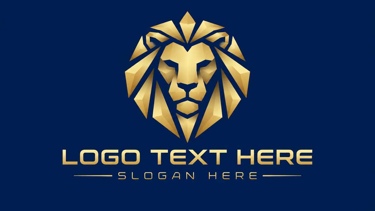 Clean 2D graphic logo design template card for an innovative modern tech company, centered sleek geometric polygonal lion head emblem constructed from clean origami-style faceted planes, in sharp metallic gold lines, featuring bold text "LOGO TEXT HERE" in modern techno sans-serif typography, with subtitle text "SLOGAN HERE" underneath, flat solid deep dark sapphire blue background, high-tech vector logo card --ar 16:9