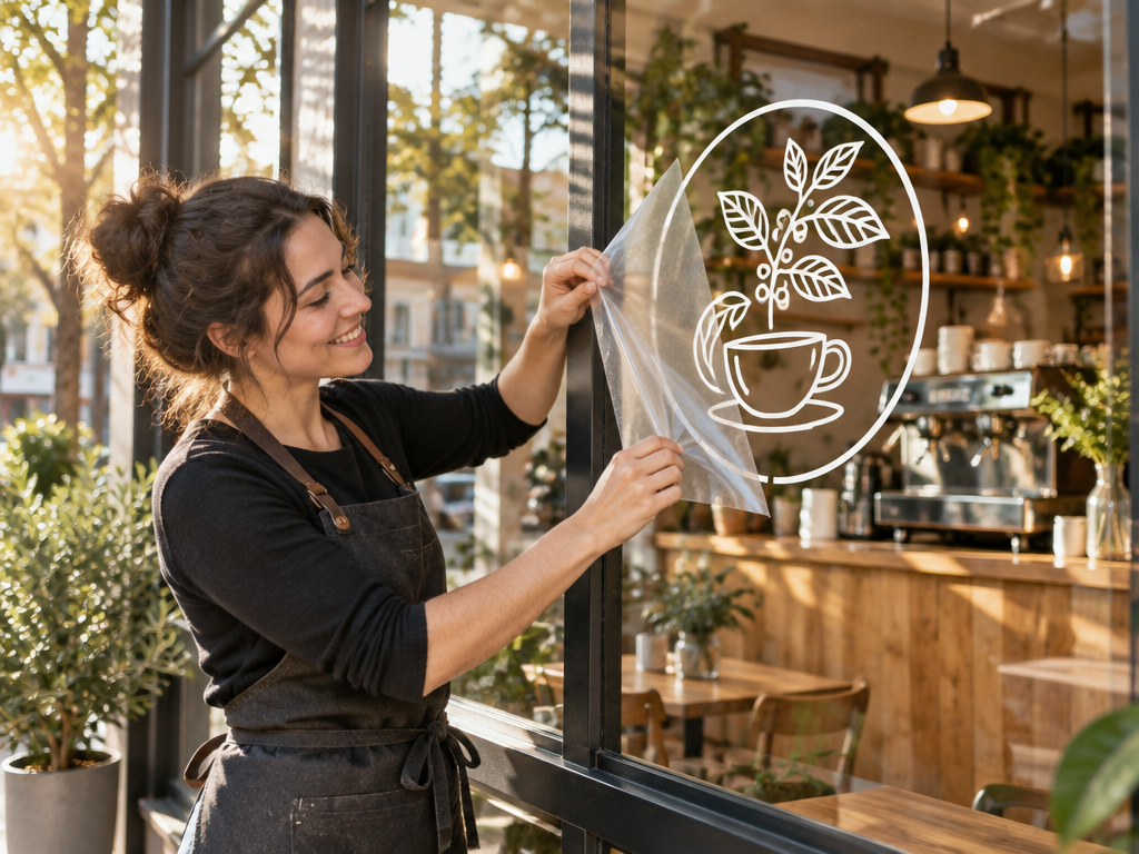Proud cafe owner applying custom vinyl cafe logo decal to coffee shop glass window