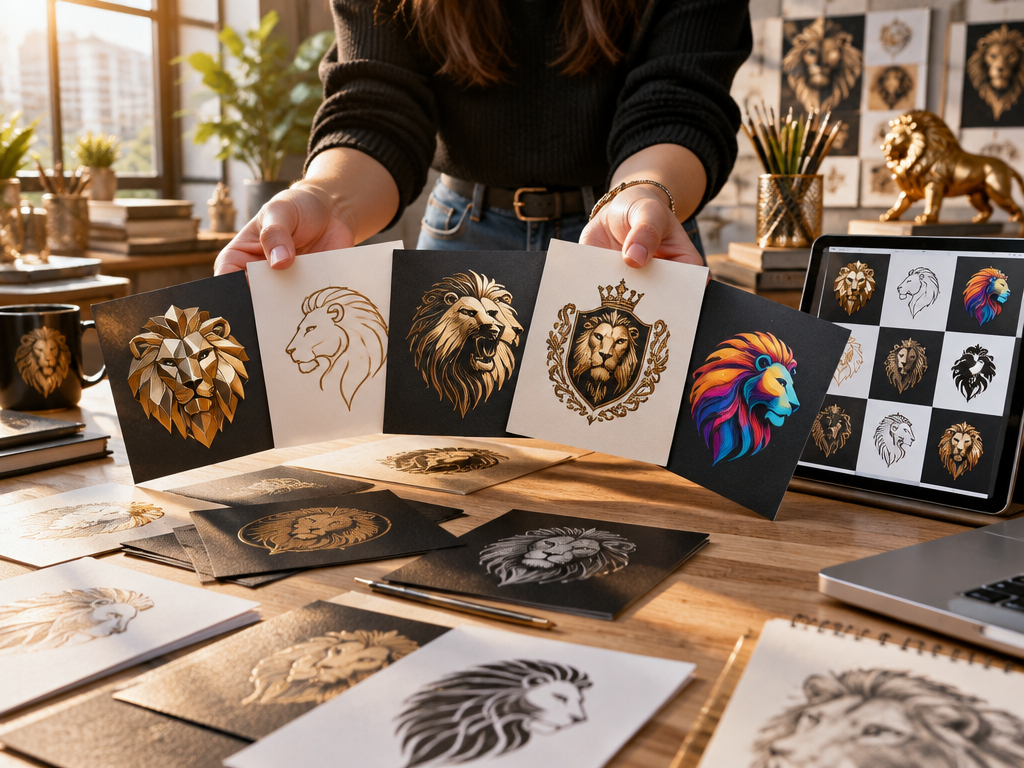 Designer fanning out diverse creative lion logo design cards showcasing endless styles in sunlit studio