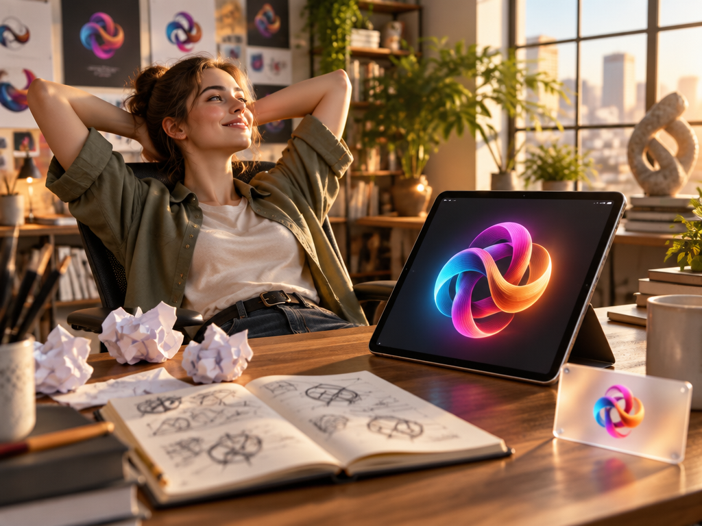 Designer overcoming creative design block with brilliant fluid gradient logo design on tablet