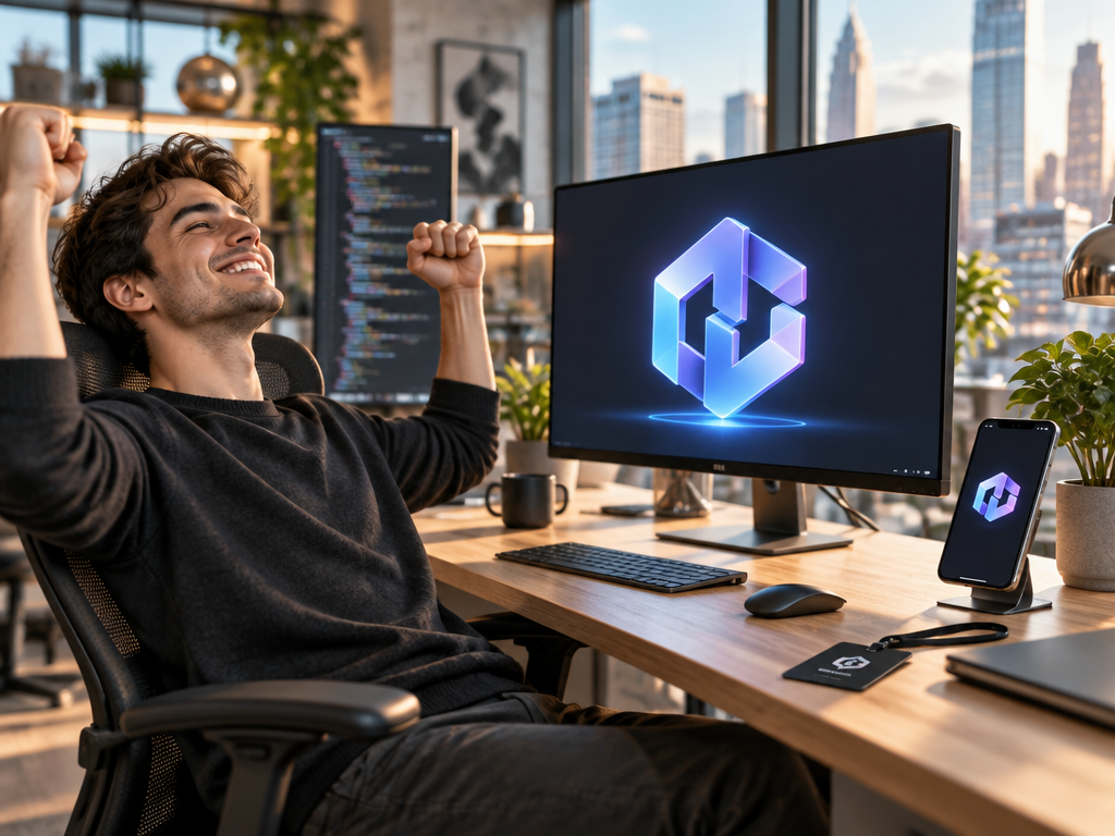 Software developer at modern desk admiring AI-generated software logo on monitor and mobile app icon mockup