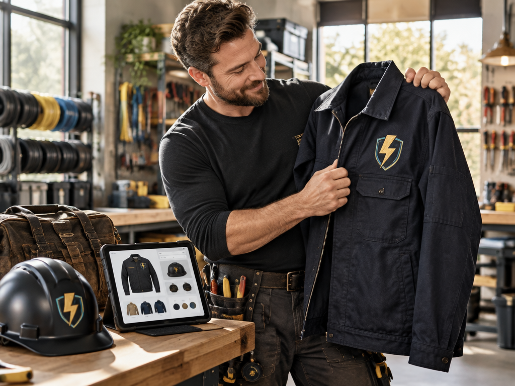 Electrician in workshop proudly inspecting custom embroidered electrical company logo on work jacket
